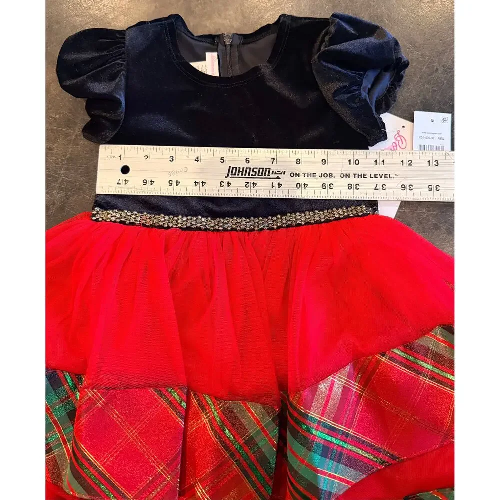 Bonnie Jean Red Velvet & Plaid Tiered Holiday Dress Girls New Christmas Size 4